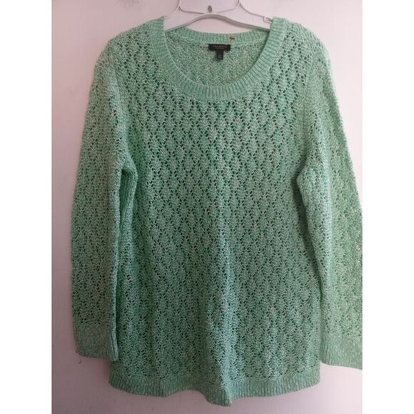 Talbots Green & White Open Crochett Knit Cotton Pullover Sweater size 0X Petite - Picture 5 of 10